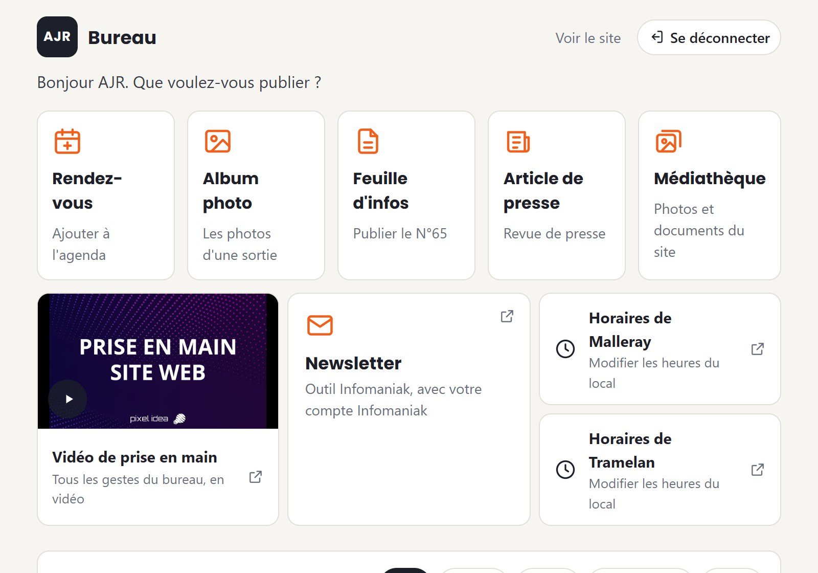 Le bureau de publication de l'AJR : rendez-vous, album photo, feuille d'infos, article de presse, médiathèque