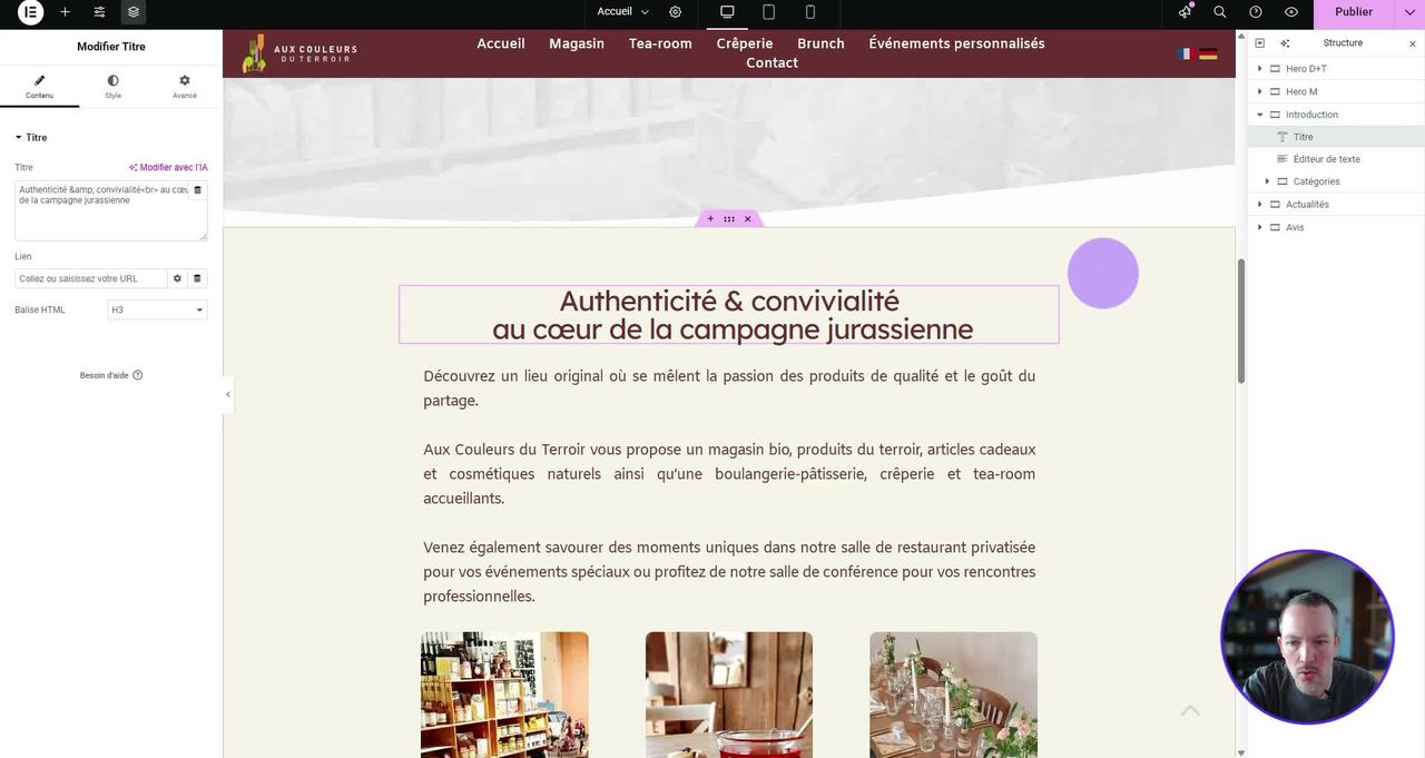 Image du tutoriel vidéo : la page d'accueil du restaurant ouverte dans Elementor