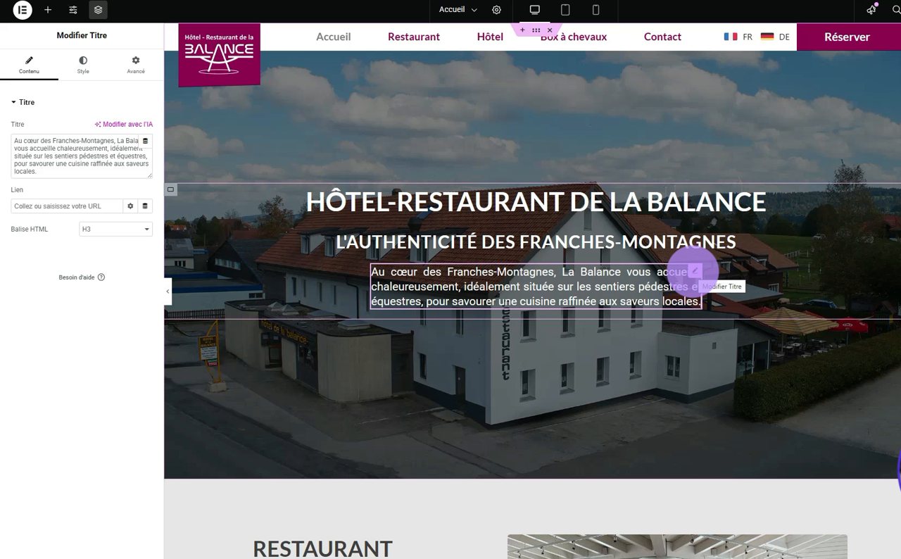 Image du tutoriel vidéo : la page d'accueil de l'hôtel-restaurant ouverte dans Elementor