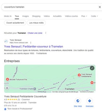 Recherche Google « couverture Tramelan » : senaud.com en premier résultat et l'entreprise en tête de la carte